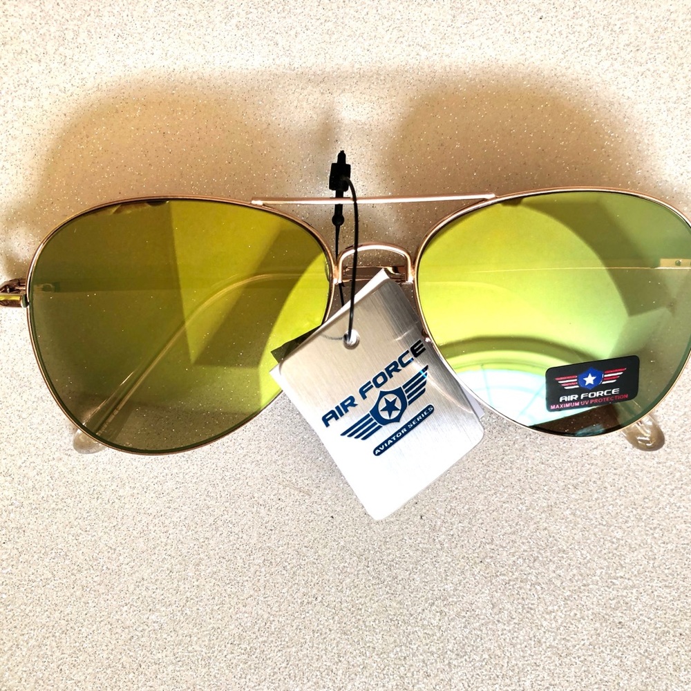NWT Air Force Yellow Mirrored Aviator Sunglasses